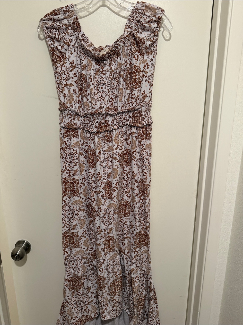 Derek Heart White Maxi Dress with Brown Floral Medallions